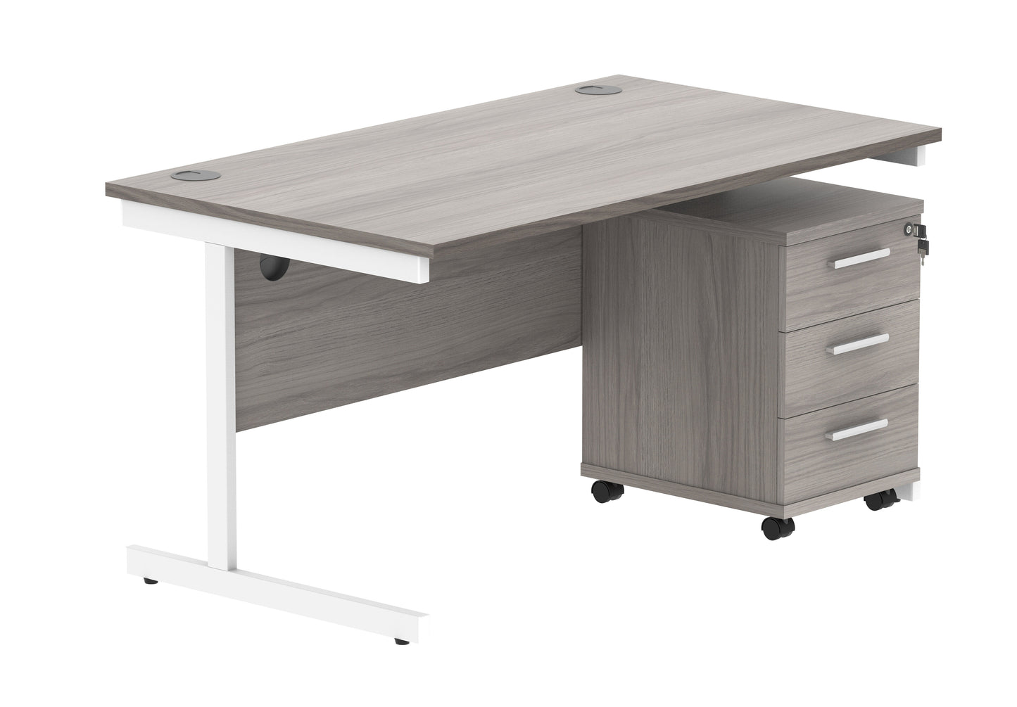 Core|Single Upright|Rectangular Desk with 3 Drawer Mobile Under Desk Pedestal|1400x800|Alaskan Grey Oak-White