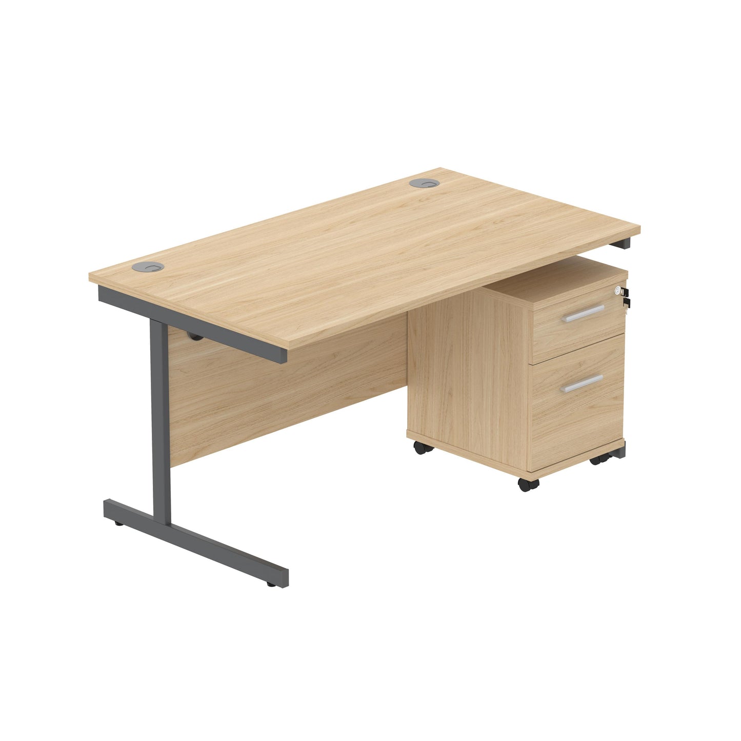 Core|Single Upright|Rectangular Desk with 2 Drawer Mobile Under Desk Pedestal|1400x800|Canadian Oak-Graphite