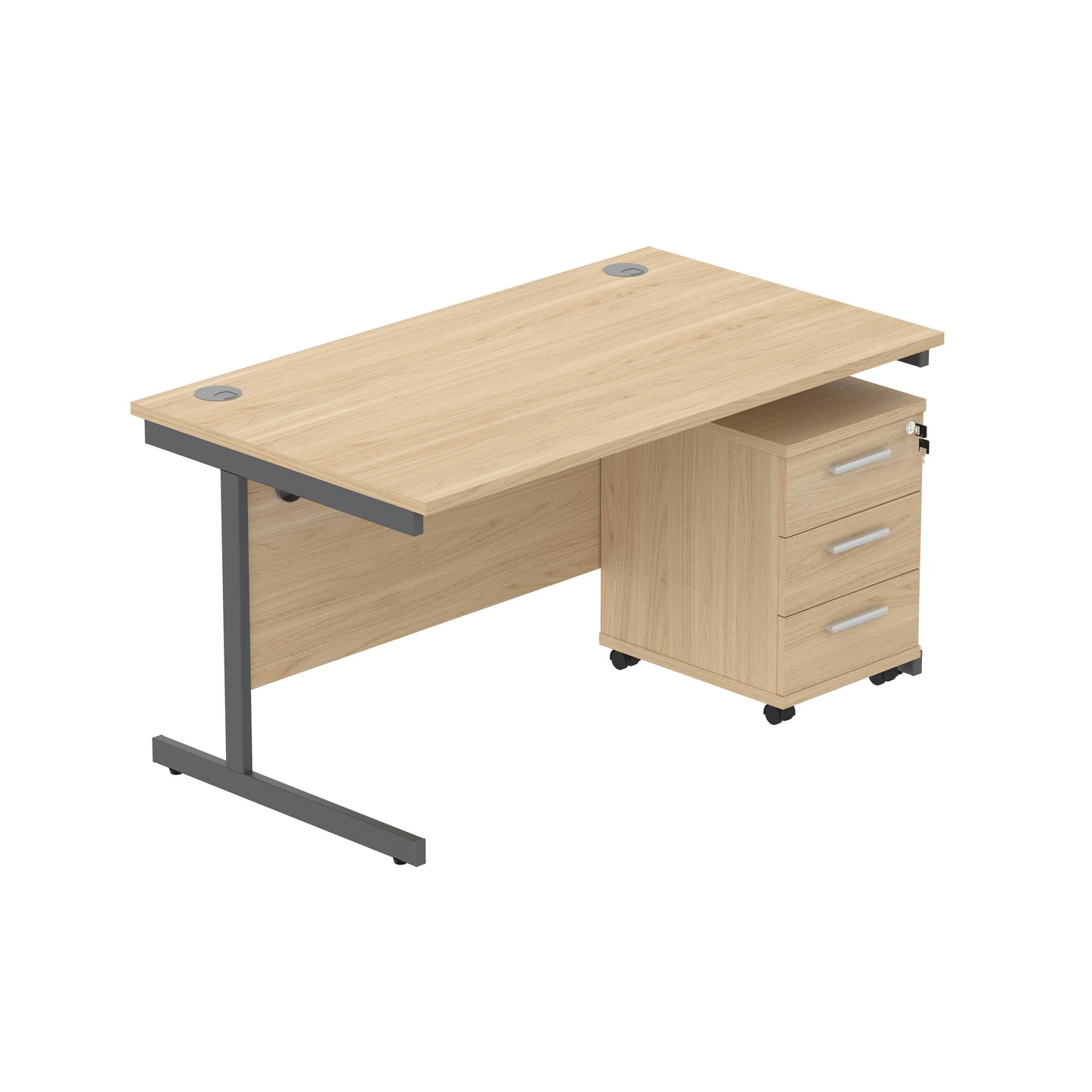 Core|Single Upright|Rectangular Desk with 3 Drawer Mobile Under Desk Pedestal|1400x800|Canadian Oak-Graphite