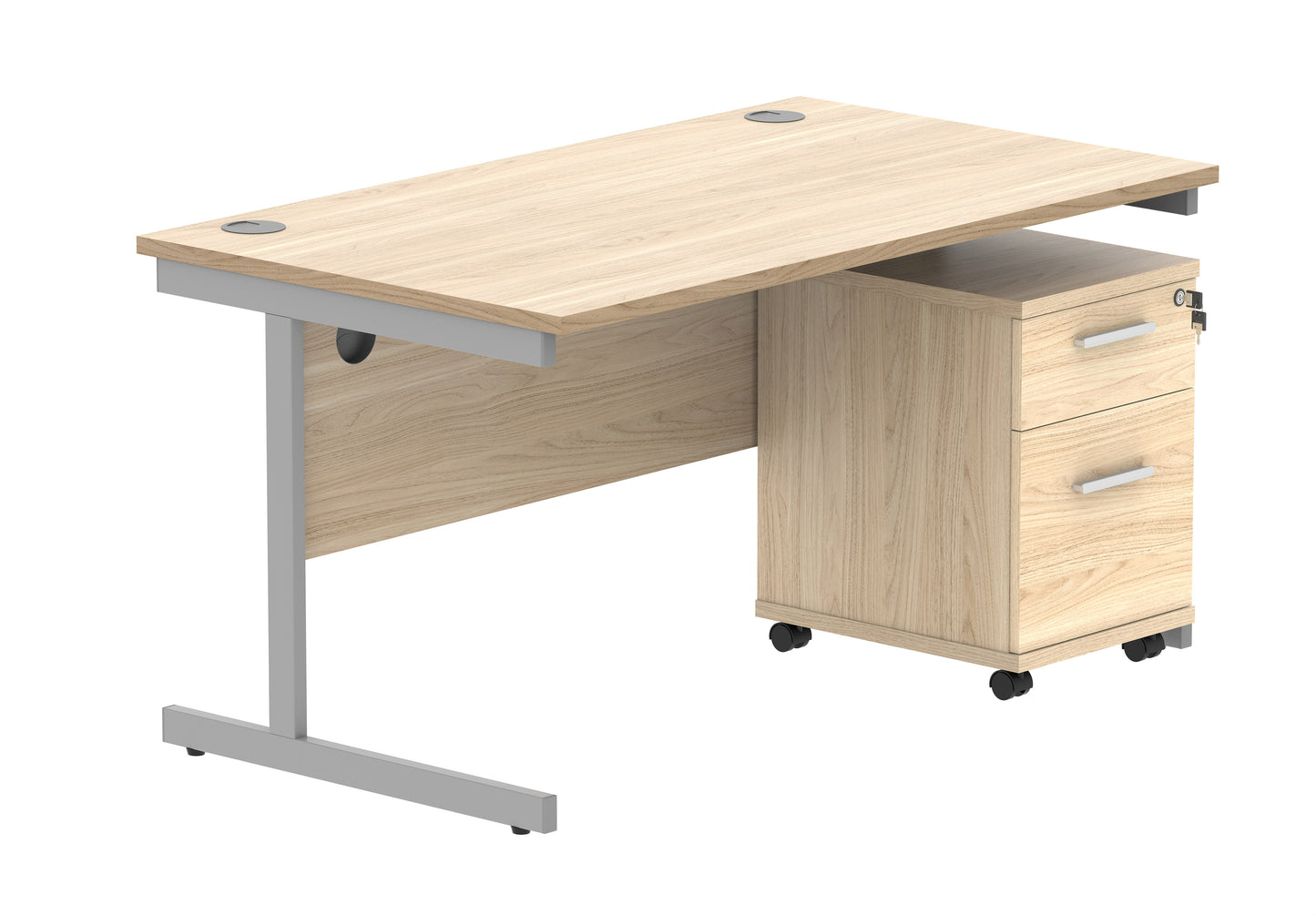 Core|Single Upright|Rectangular Desk with 2 Drawer Mobile Under Desk Pedestal|1400x800|Canadian Oak-Silver
