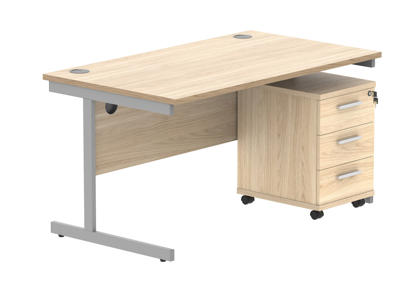 Core|Single Upright|Rectangular Desk with 3 Drawer Mobile Under Desk Pedestal|1400x800|Canadian Oak-Silver