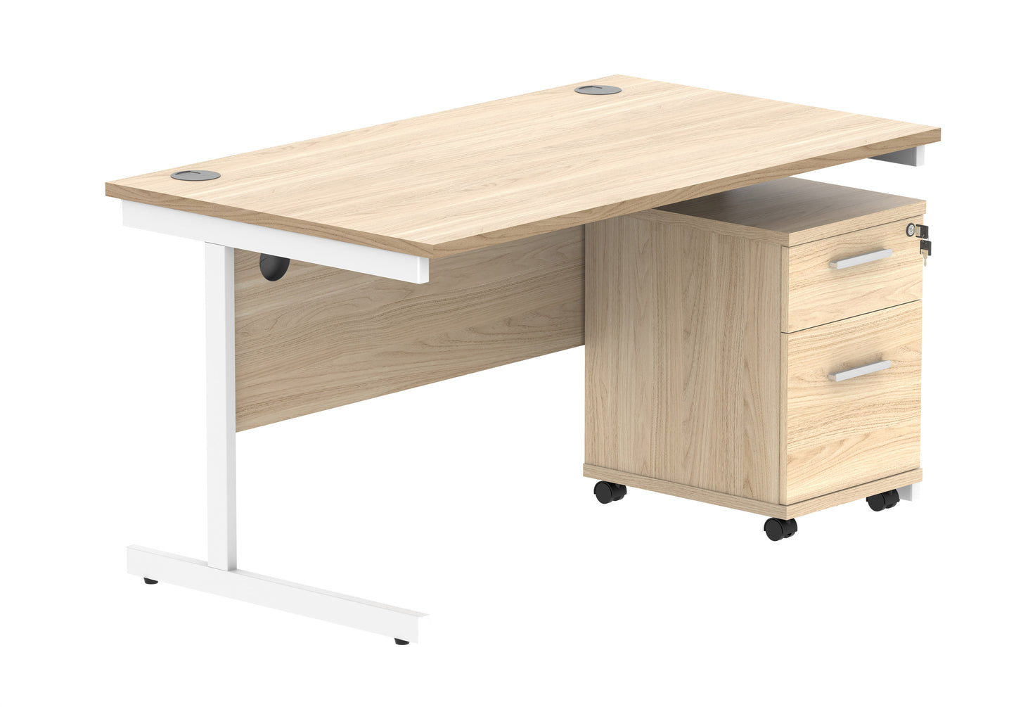 Core|Single Upright|Rectangular Desk with 2 Drawer Mobile Under Desk Pedestal|1400x800|Canadian Oak-White