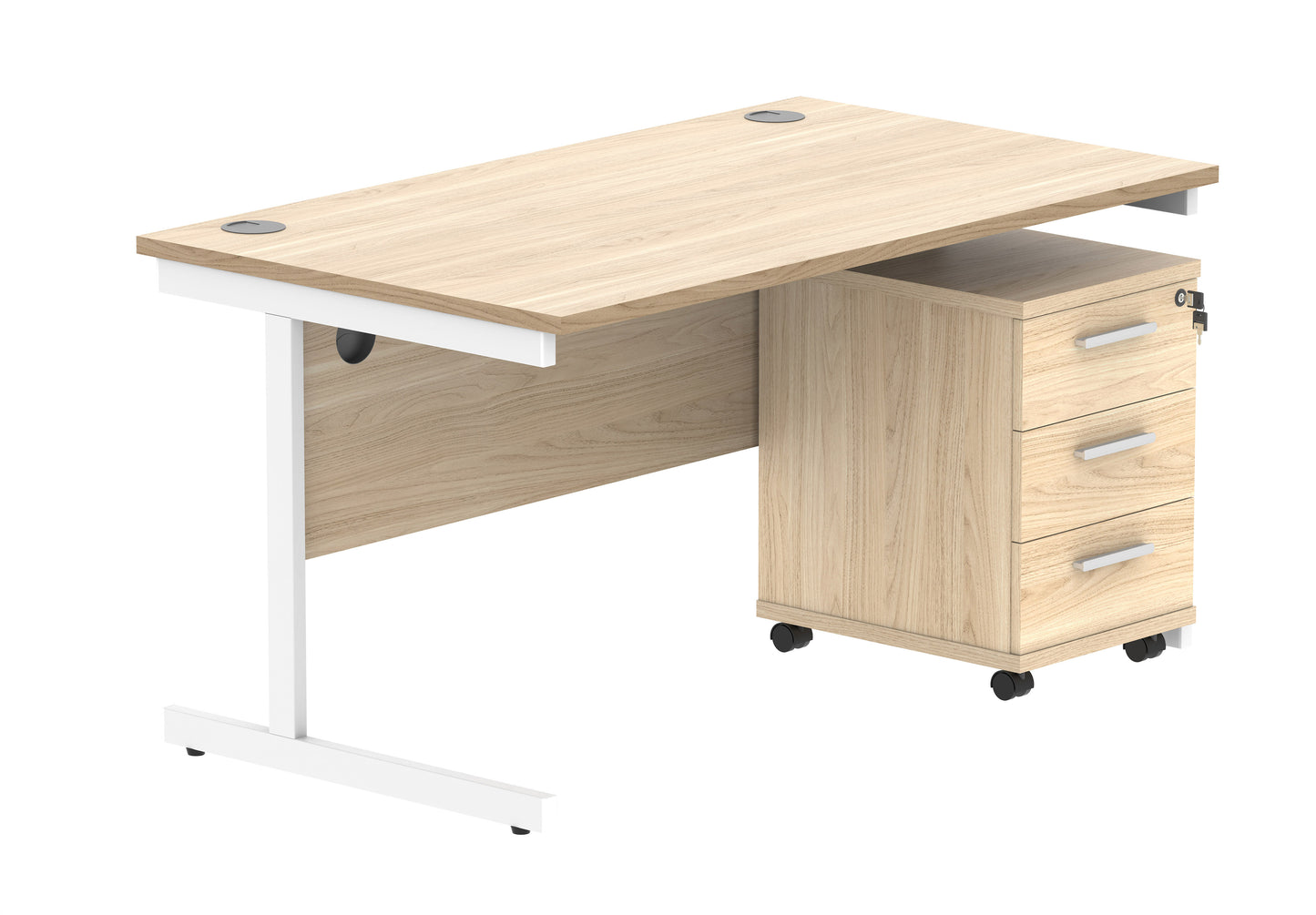 Core|Single Upright|Rectangular Desk with 3 Drawer Mobile Under Desk Pedestal|1400x800|Canadian Oak-White