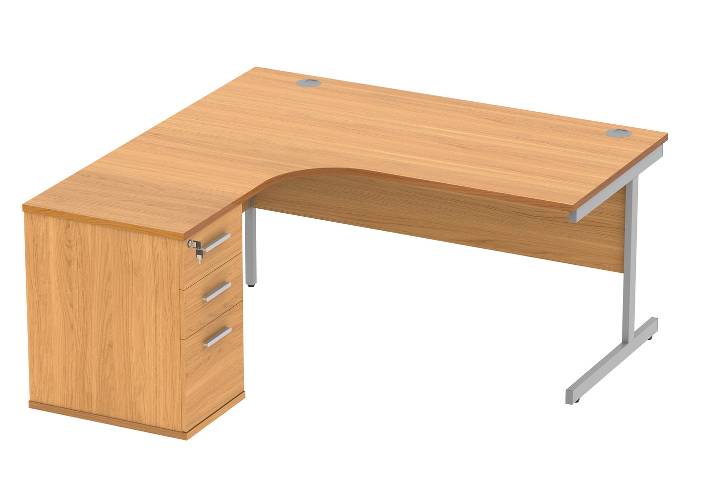 Core|Single Upright|Left Hand|Radial Desk with Desk High Pedestal|600mm Deep Pedestal|1600x1200|Norwegian Beech-Silver