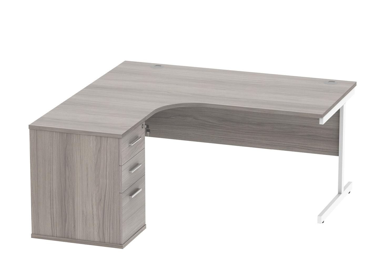 Core|Single Upright|Left Hand|Radial Desk with Desk High Pedestal|600mm Deep Pedestal|1600x1200|Alaskan Grey Oak-Silver