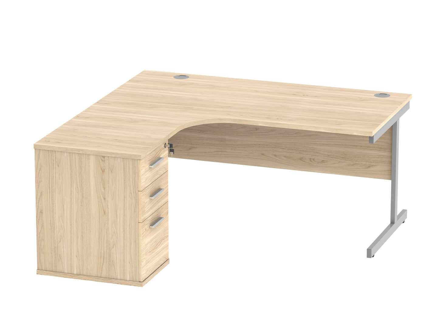 Core|Single Upright|Left Hand|Radial Desk with Desk High Pedestal|600mm Deep Pedestal|1600x1200|Canadian Oak-Silver