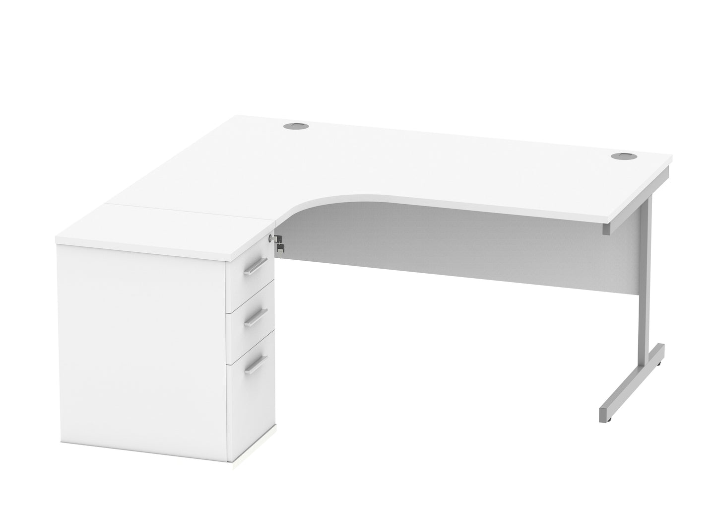 Core|Single Upright|Left Hand|Radial Desk with Desk High Pedestal|600mm Deep Pedestal|1600x1200|Arctic White-Silver