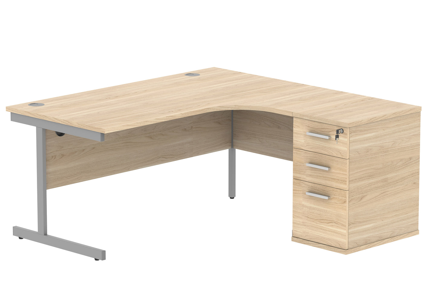 Core|Single Upright|Right Hand|Radial Desk with Desk High Pedestal|600mm Deep Pedestal|1600x1200|Canadian Oak-Silver