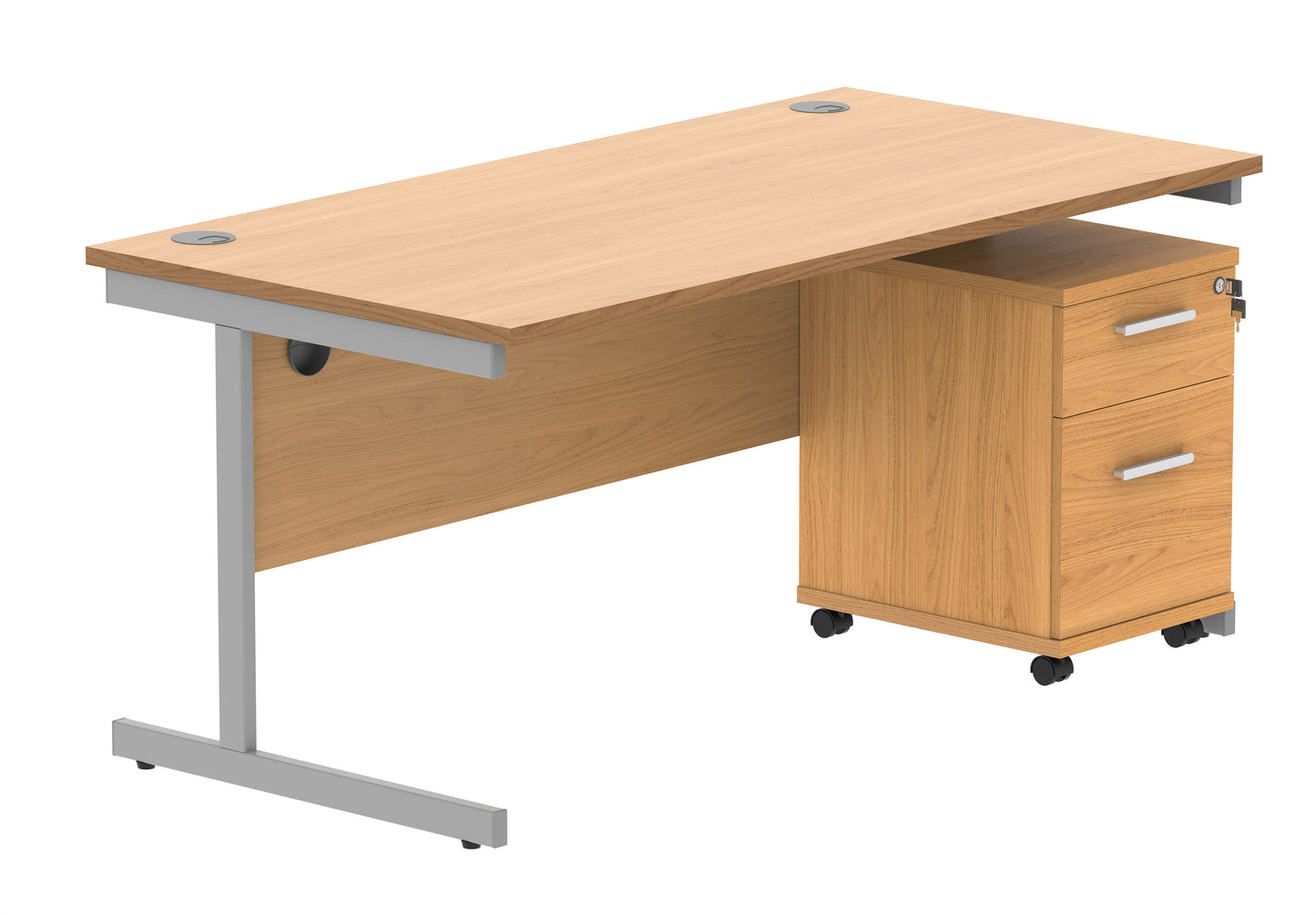 Core|Single Upright|Rectangular Desk with 2 Drawer Mobile Under Desk Pedestal|1600x800|Norwegian Beech-Silver