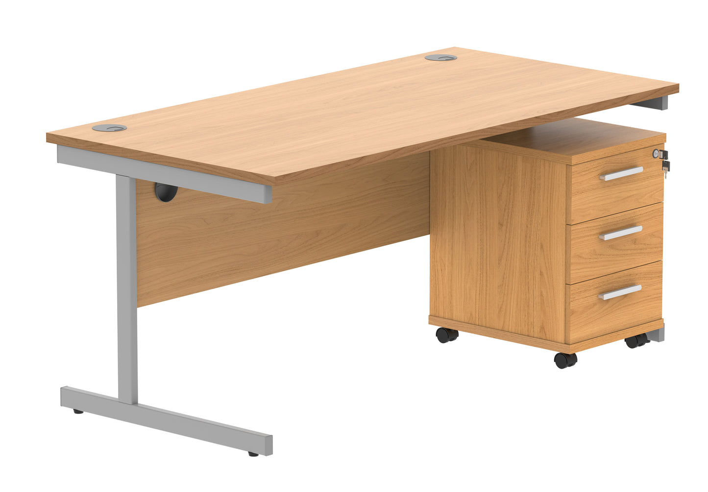 Core|Single Upright|Rectangular Desk with 3 Drawer Mobile Under Desk Pedestal|1600x800|Norwegian Beech-Silver