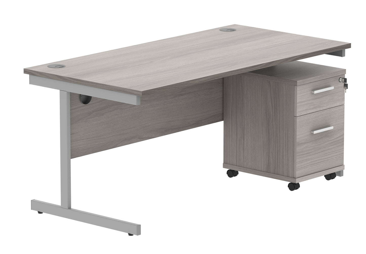Core|Single Upright|Rectangular Desk with 2 Drawer Mobile Under Desk Pedestal|1600x800|Alaskan Grey Oak-Silver