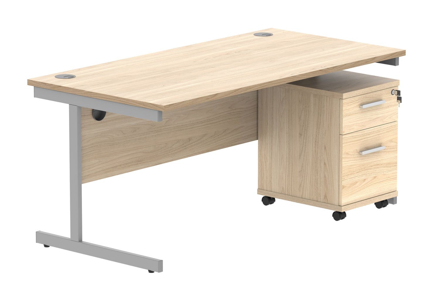 Core|Single Upright|Rectangular Desk with 2 Drawer Mobile Under Desk Pedestal|1600x800|Canadian Oak-Silver