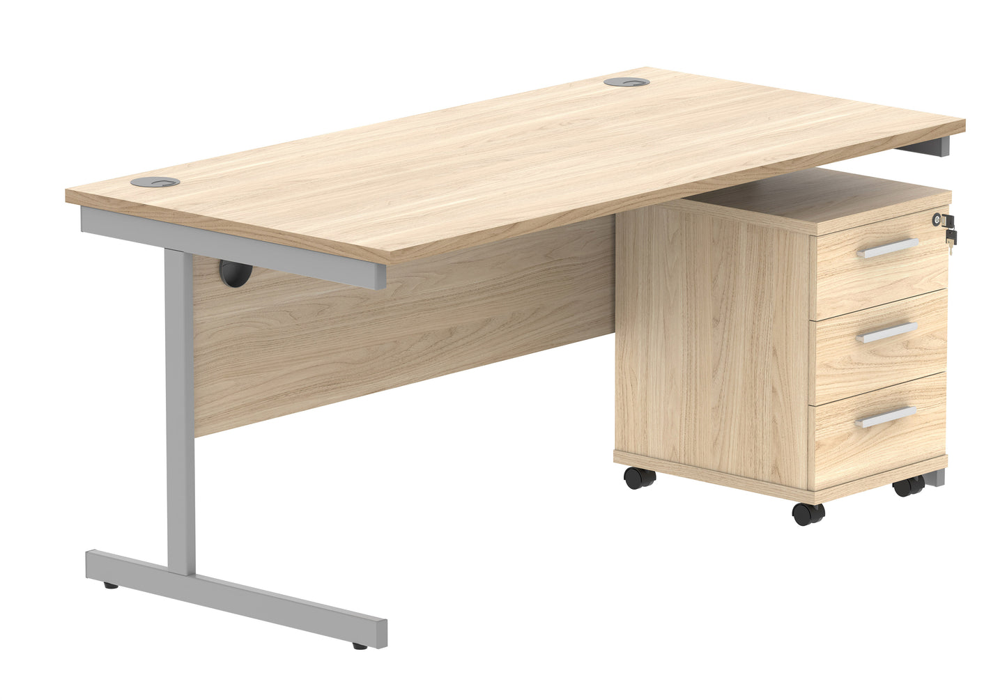 Core|Single Upright|Rectangular Desk with 3 Drawer Mobile Under Desk Pedestal|1600x800|Canadian Oak-Silver