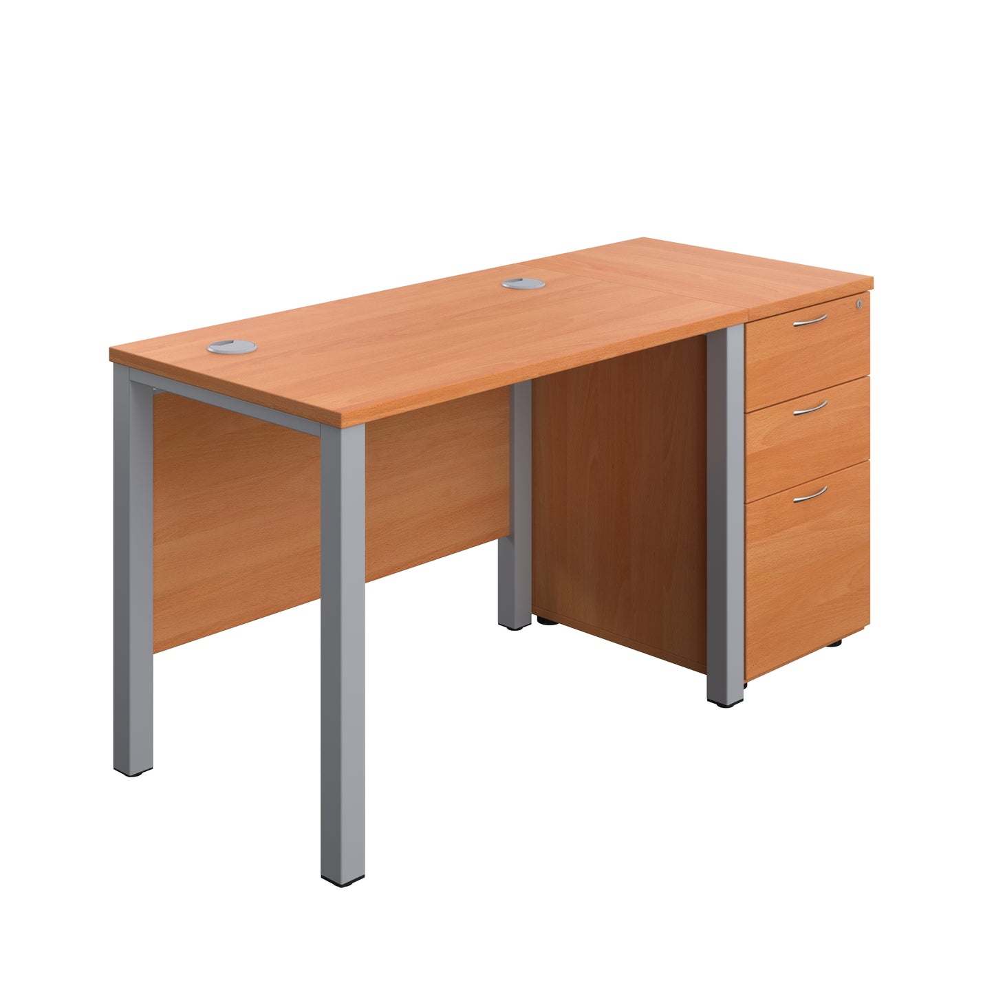 Aztec|Goal Post Leg|Rectangular Desk with 3 Drawer Desk High Pedestal|1000x600|Beech-Silver