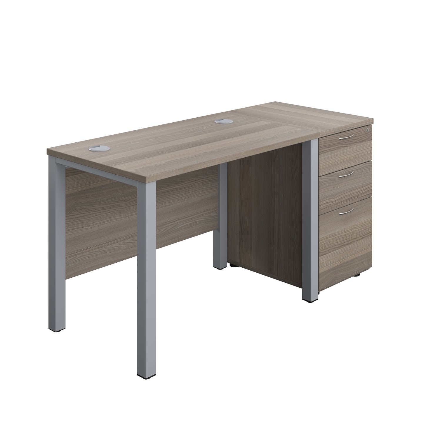 Aztec|Goal Post Leg|Rectangular Desk with 3 Drawer Desk High Pedestal|1000x600|Grey Oak-Silver
