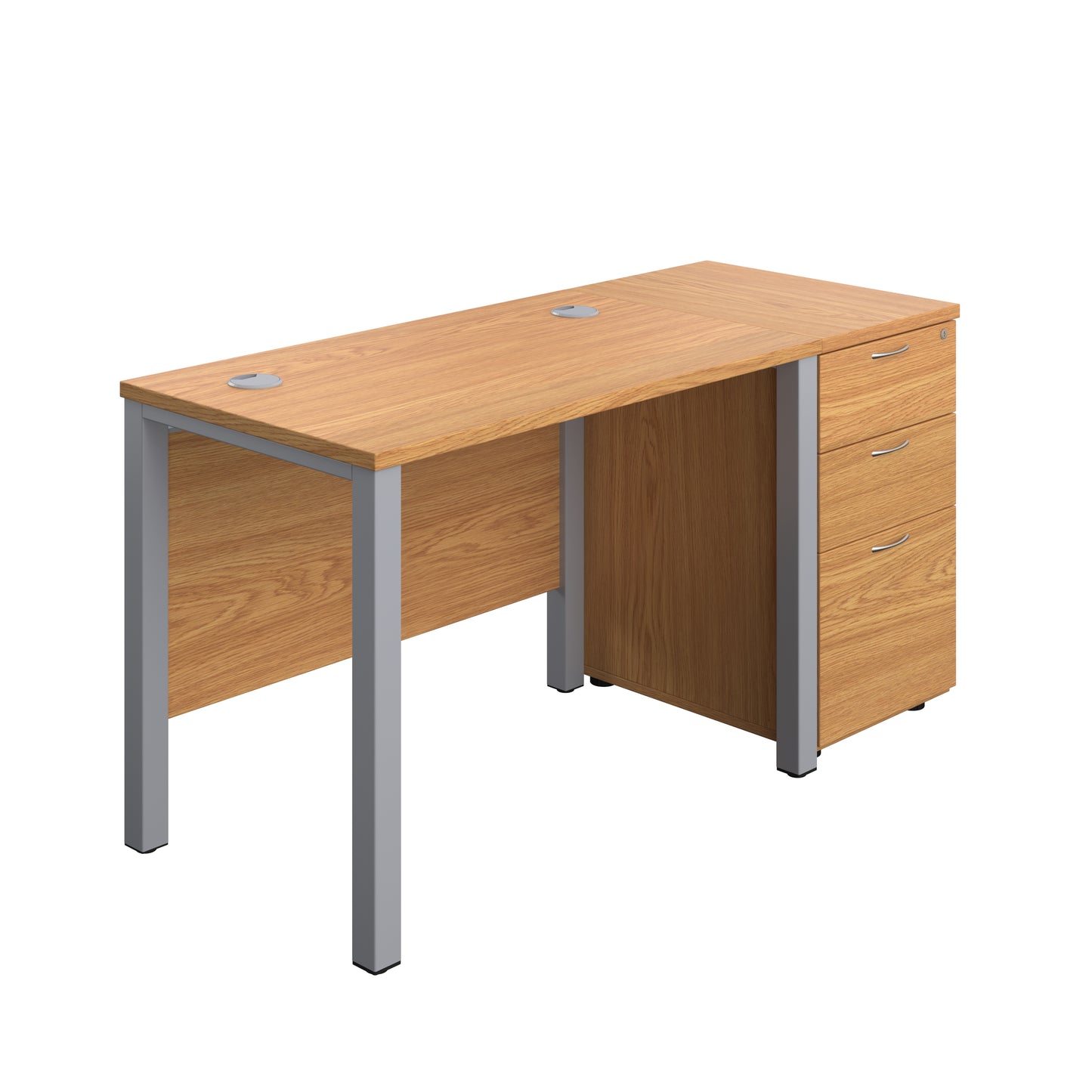 Aztec|Goal Post Leg|Rectangular Desk with 3 Drawer Desk High Pedestal|1000x600|Nova Oak-Silver