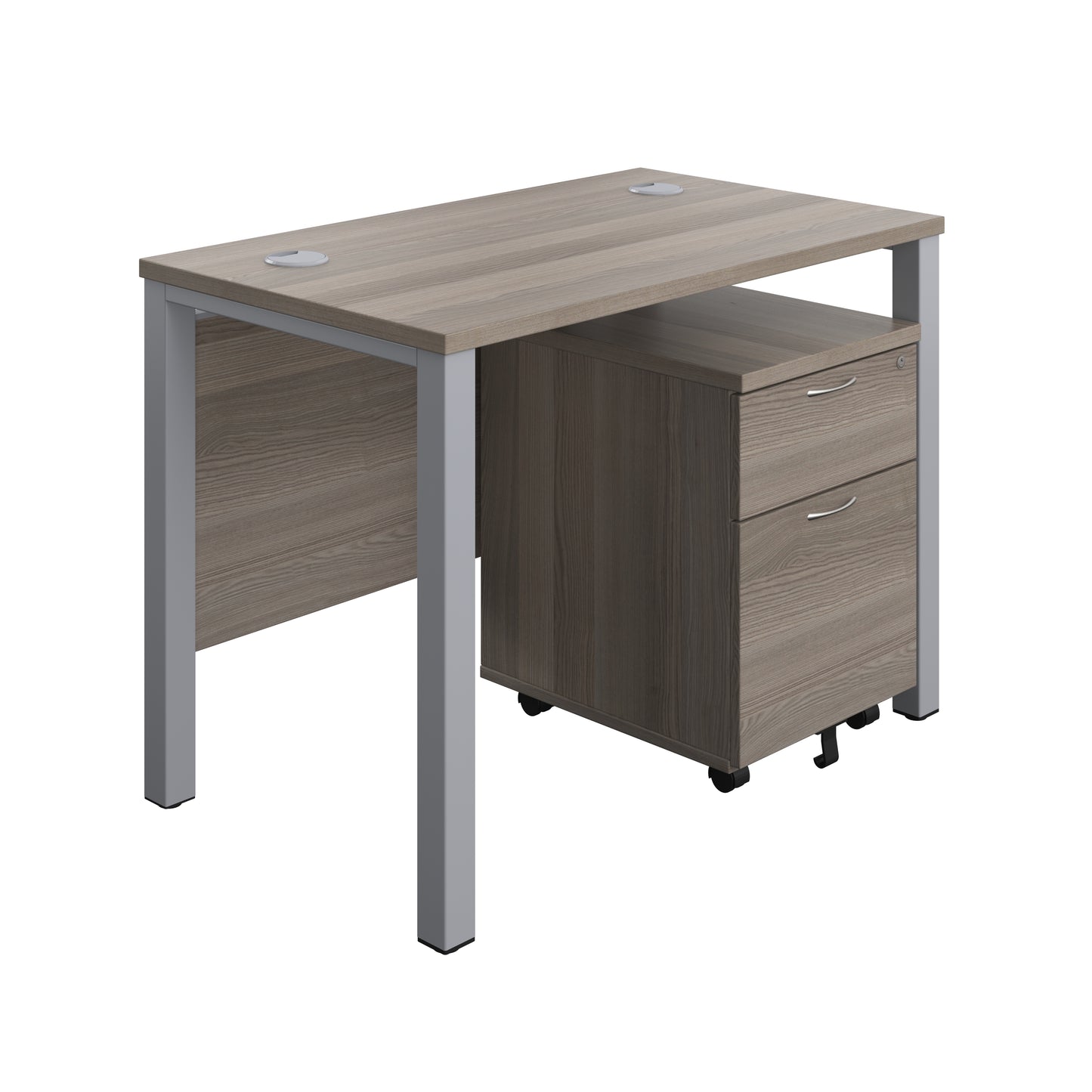 Aztec|Goal Post Leg|Rectangular Desk with 2 Drawer Mobile Pedestal|1000x600|Grey Oak-Silver