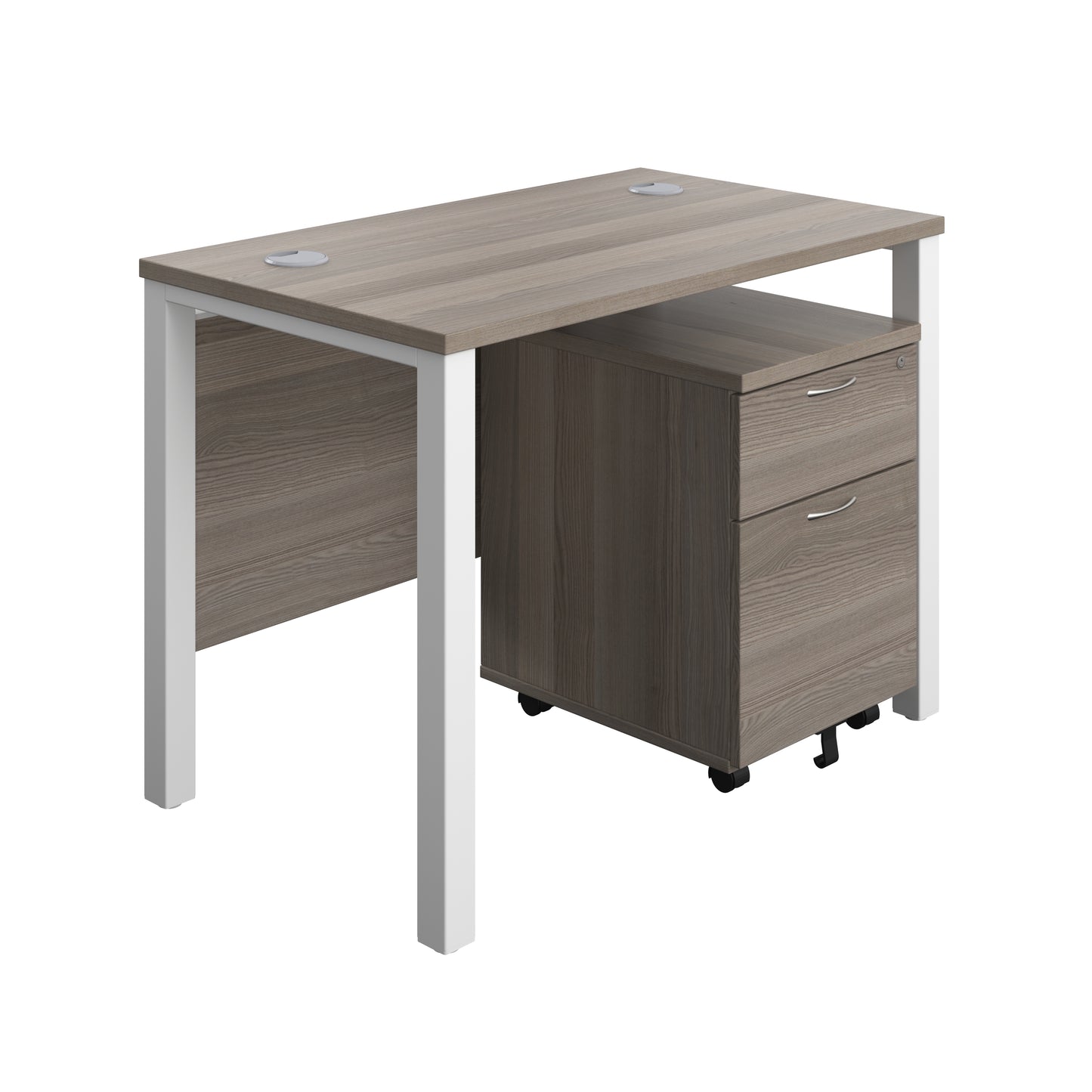 Aztec|Goal Post Leg|Rectangular Desk with 2 Drawer Mobile Pedestal|1000x600|Grey Oak-White