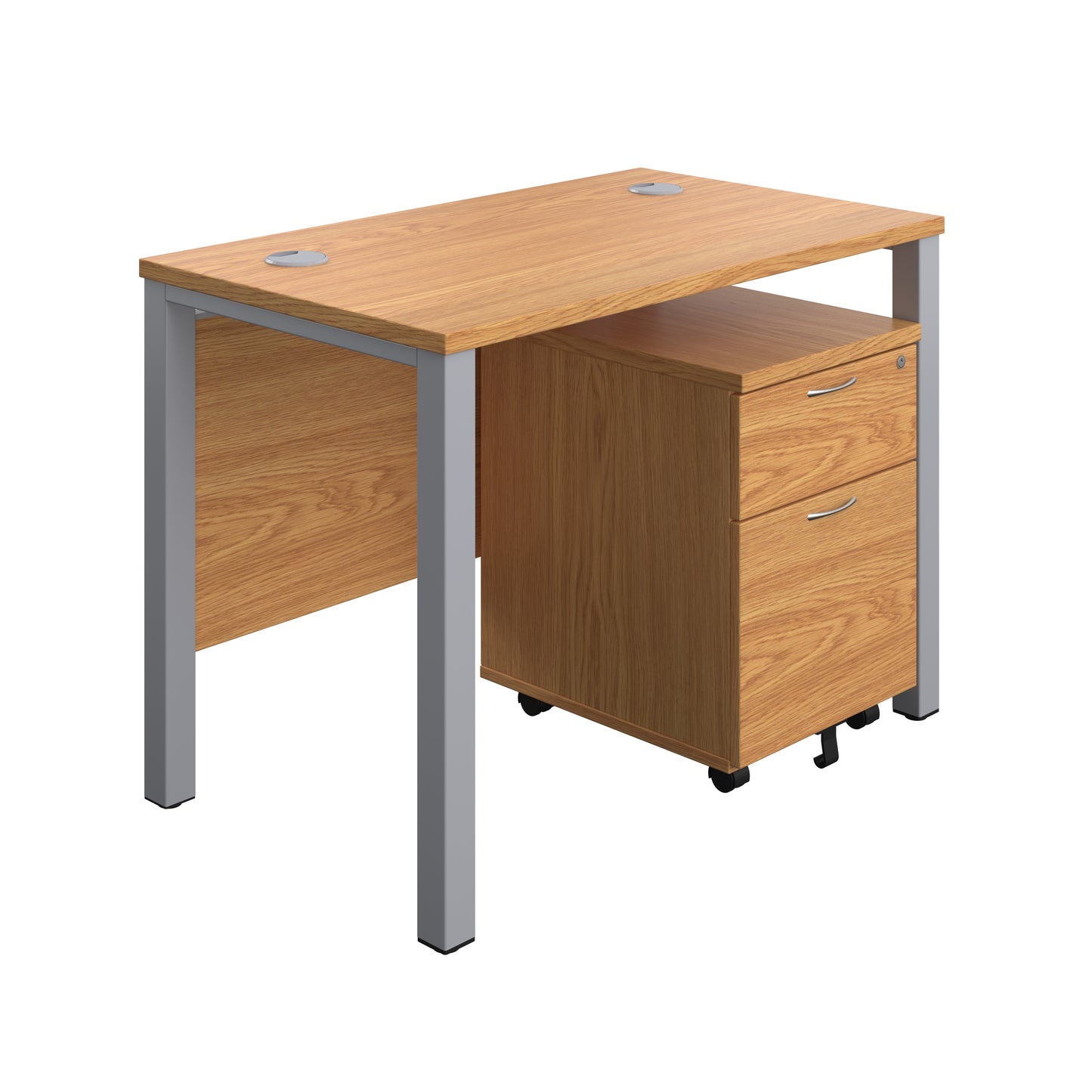 Aztec|Goal Post Leg|Rectangular Desk with 2 Drawer Mobile Pedestal|1000x600|Nova Oak-Silver