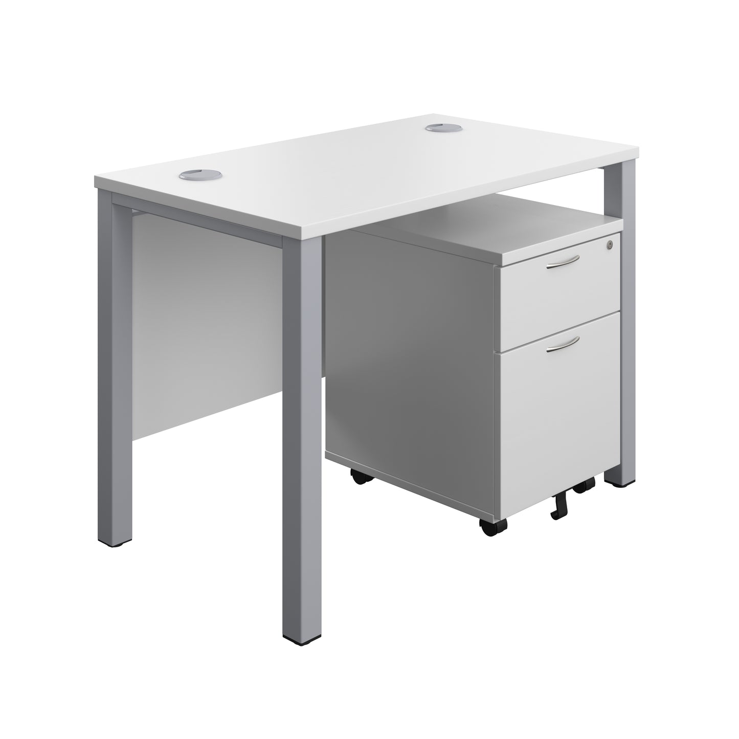 Aztec|Goal Post Leg|Rectangular Desk with 2 Drawer Mobile Pedestal|1000x600|White-Silver
