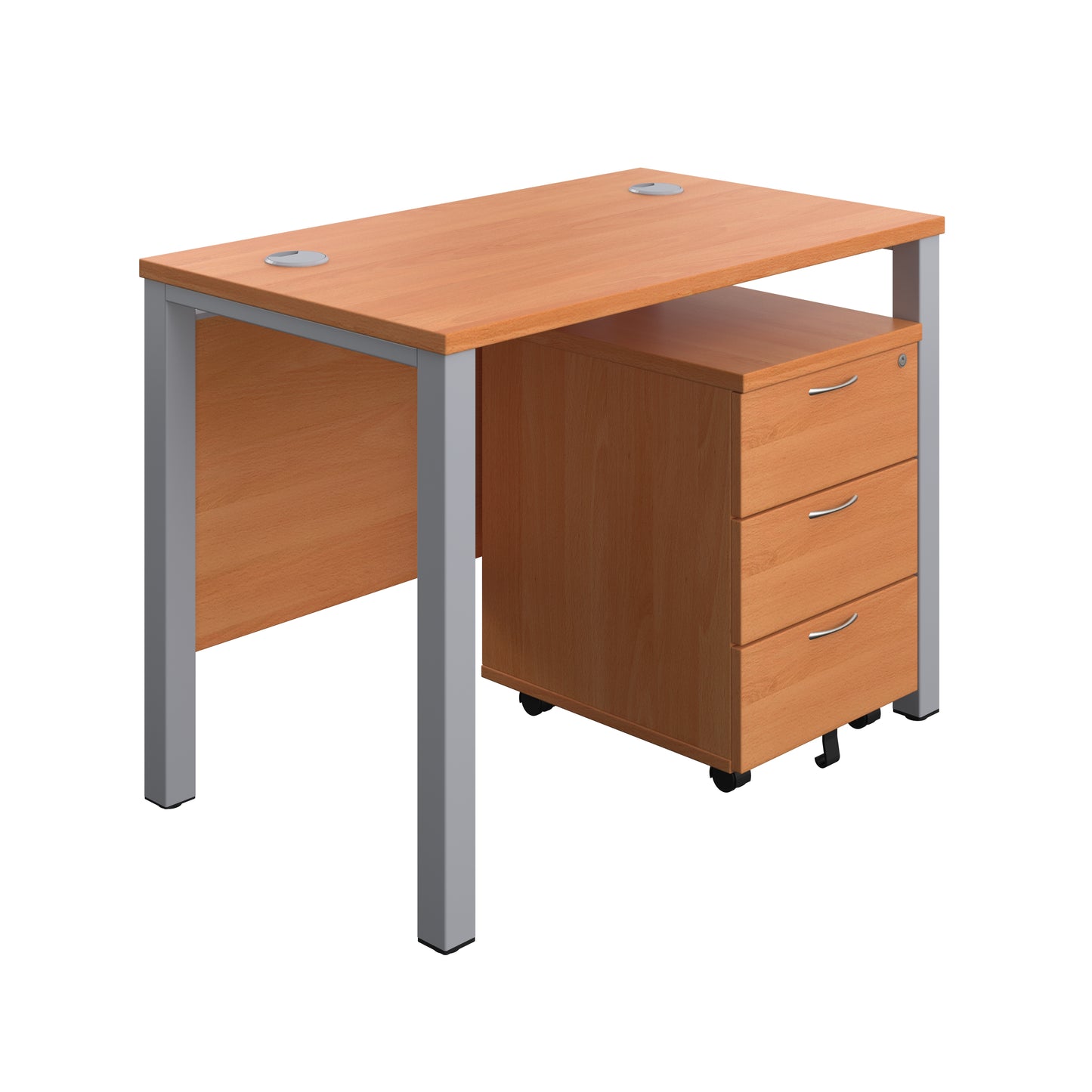 Aztec|Goal Post Leg|Rectangular Desk with 3 Drawer Mobile Pedestal|1000x600|Beech-Silver
