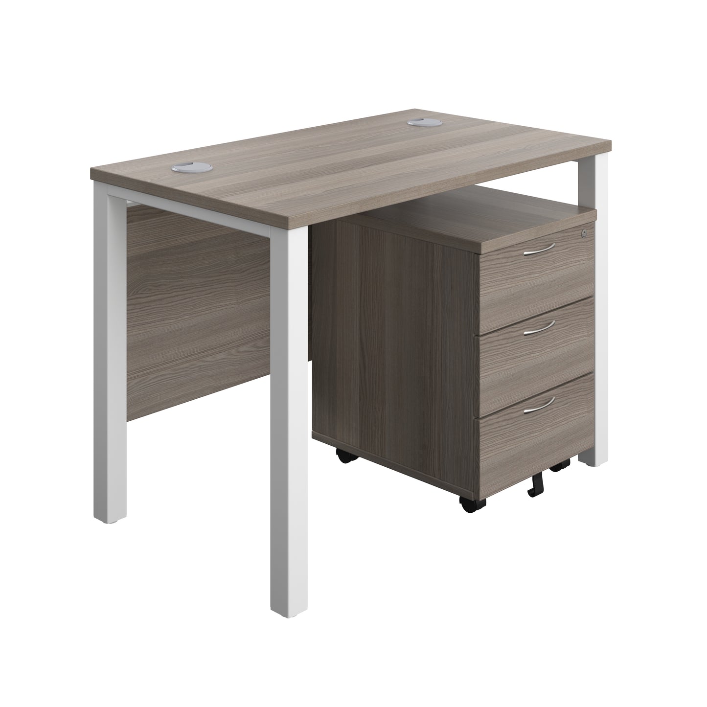 Aztec|Goal Post Leg|Rectangular Desk with 3 Drawer Mobile Pedestal|1000x600|Grey Oak-White
