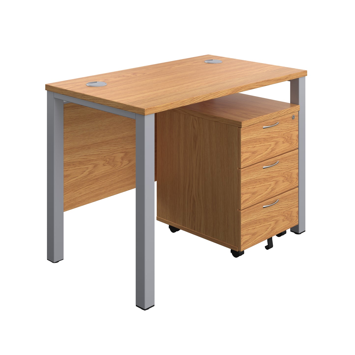 Aztec|Goal Post Leg|Rectangular Desk with 3 Drawer Mobile Pedestal|1000x600|Nova Oak-Silver