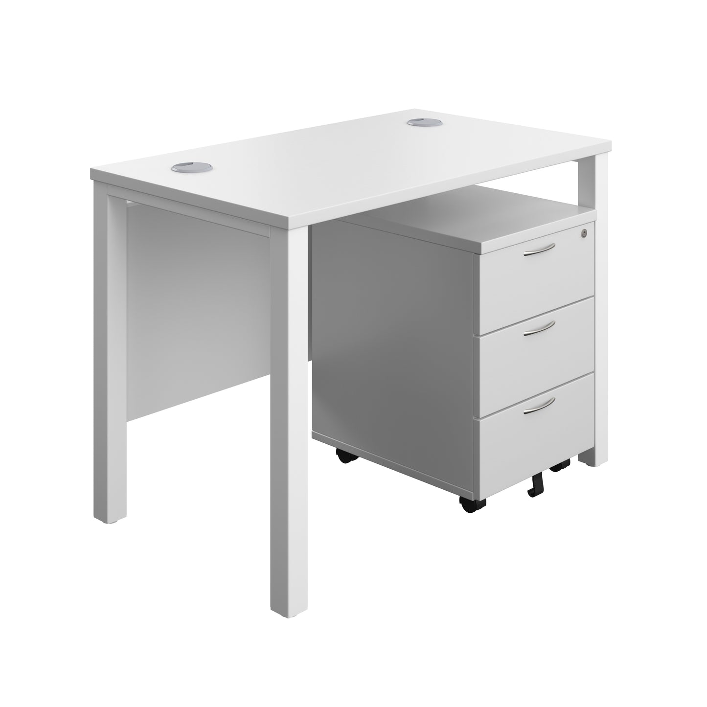 Aztec|Goal Post Leg|Rectangular Desk with 3 Drawer Mobile Pedestal|1000x600|White-White