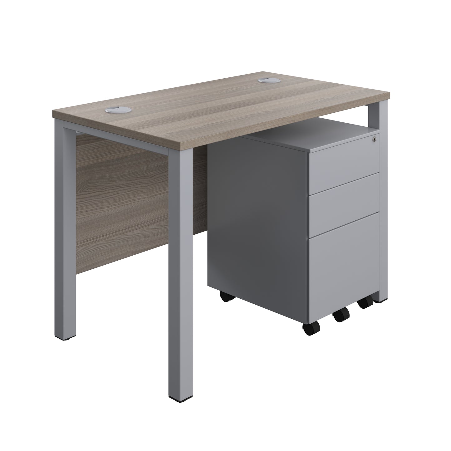 Aztec|Goal Post Leg|Rectangular Desk with 3 Drawer Steel Pedestal|1000x600|Grey Oak-Silver