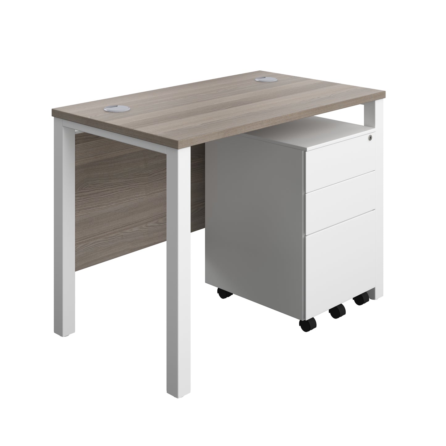 Aztec|Goal Post Leg|Rectangular Desk with 3 Drawer Steel Pedestal|1000x600|Grey Oak-White
