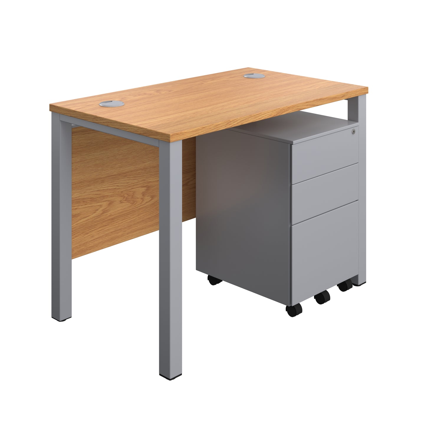 Aztec|Goal Post Leg|Rectangular Desk with 3 Drawer Steel Pedestal|1000x600|Nova Oak-Silver