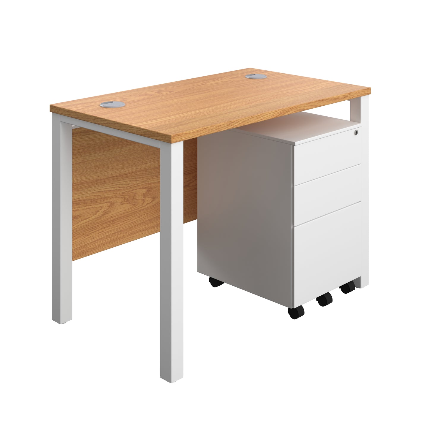 Aztec|Goal Post Leg|Rectangular Desk with 3 Drawer Steel Pedestal|1000x600|Nova Oak-White
