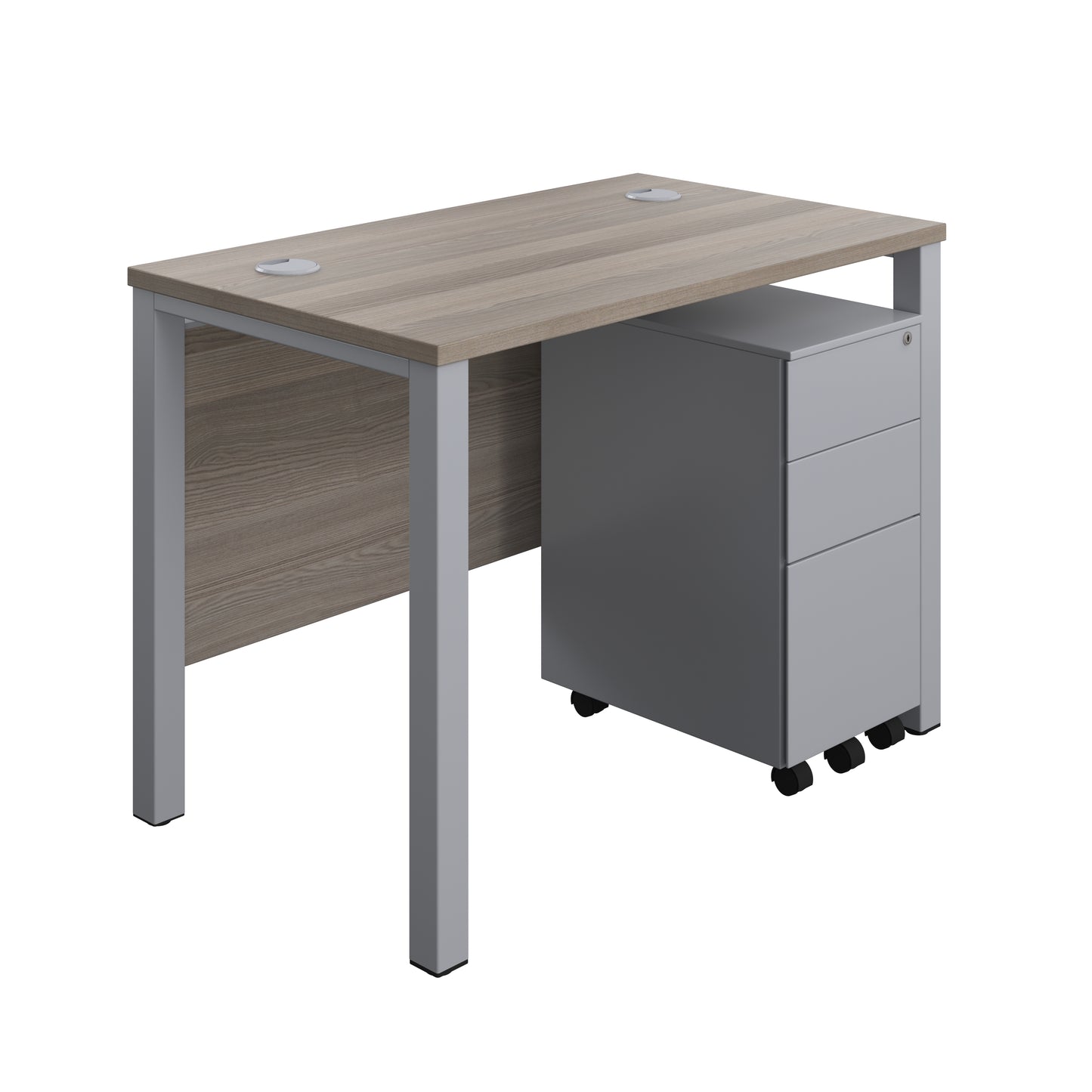 Aztec|Goal Post Leg|Rectangular Desk with 3 Drawer Slimline Steel Pedestal|1000x600|Grey Oak-Silver