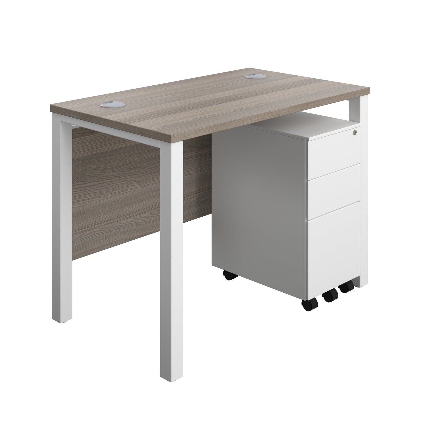 Aztec|Goal Post Leg|Rectangular Desk with 3 Drawer Slimline Steel Pedestal|1000x600|Grey Oak-White