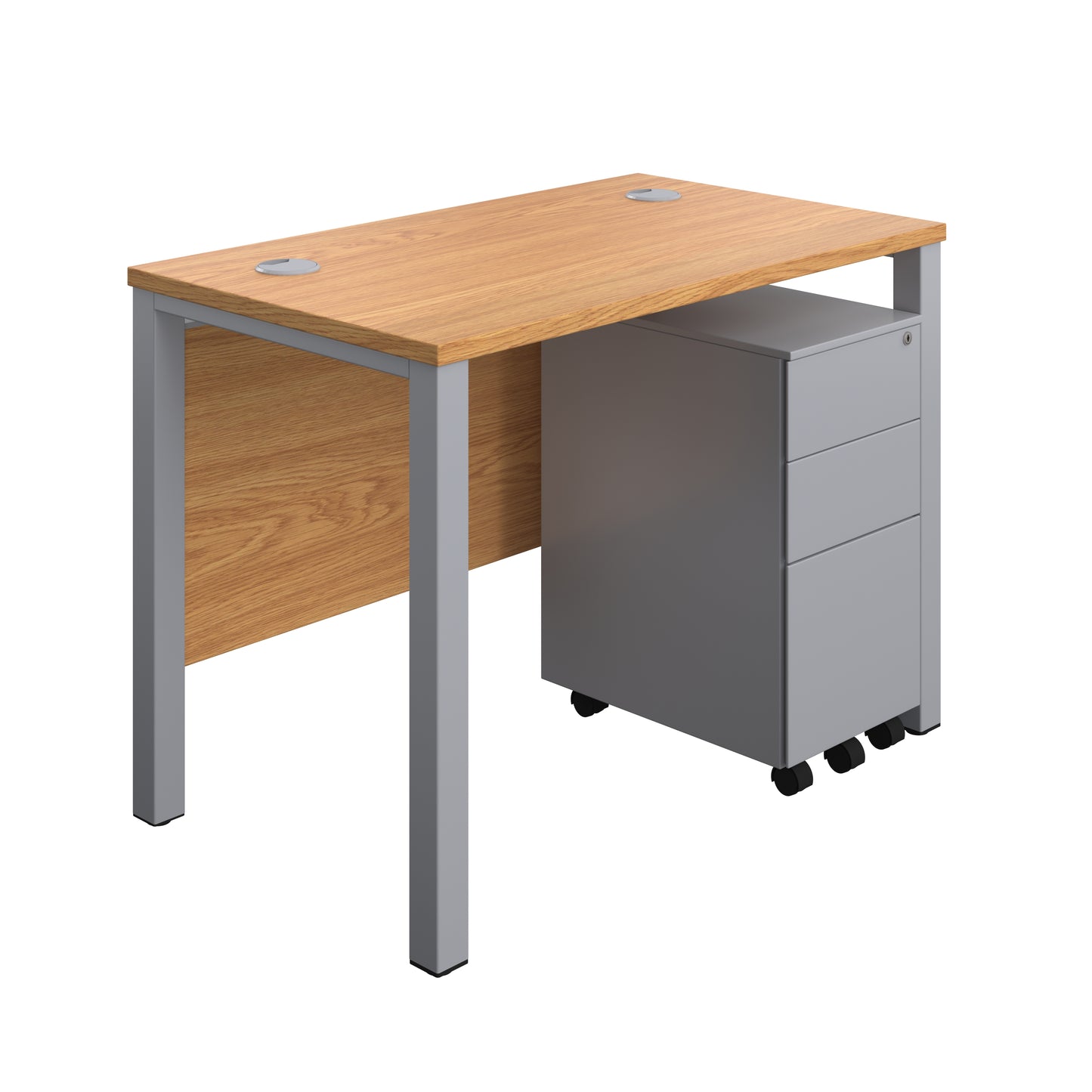 Aztec|Goal Post Leg|Rectangular Desk with 3 Drawer Slimline Steel Pedestal|1000x600|Nova Oak-Silver