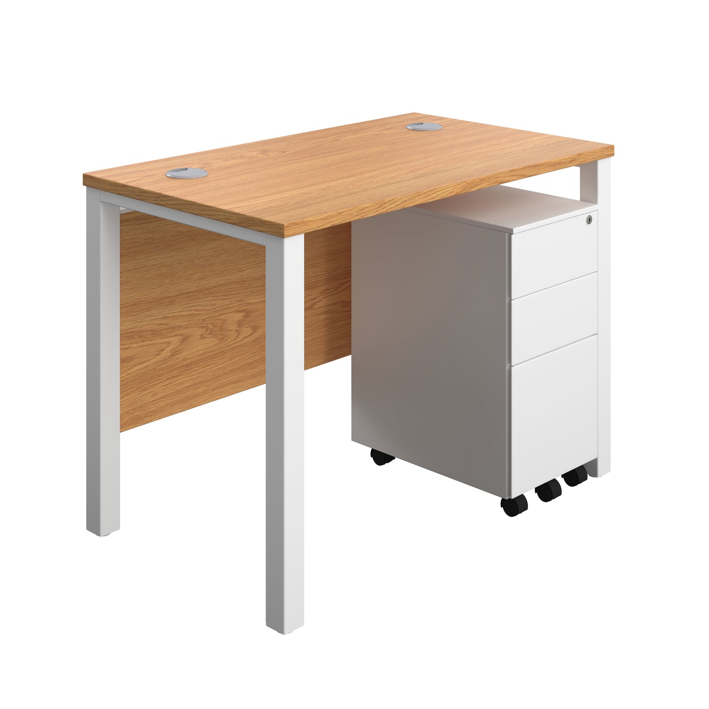 Aztec|Goal Post Leg|Rectangular Desk with 3 Drawer Slimline Steel Pedestal|1000x600|Nova Oak-White