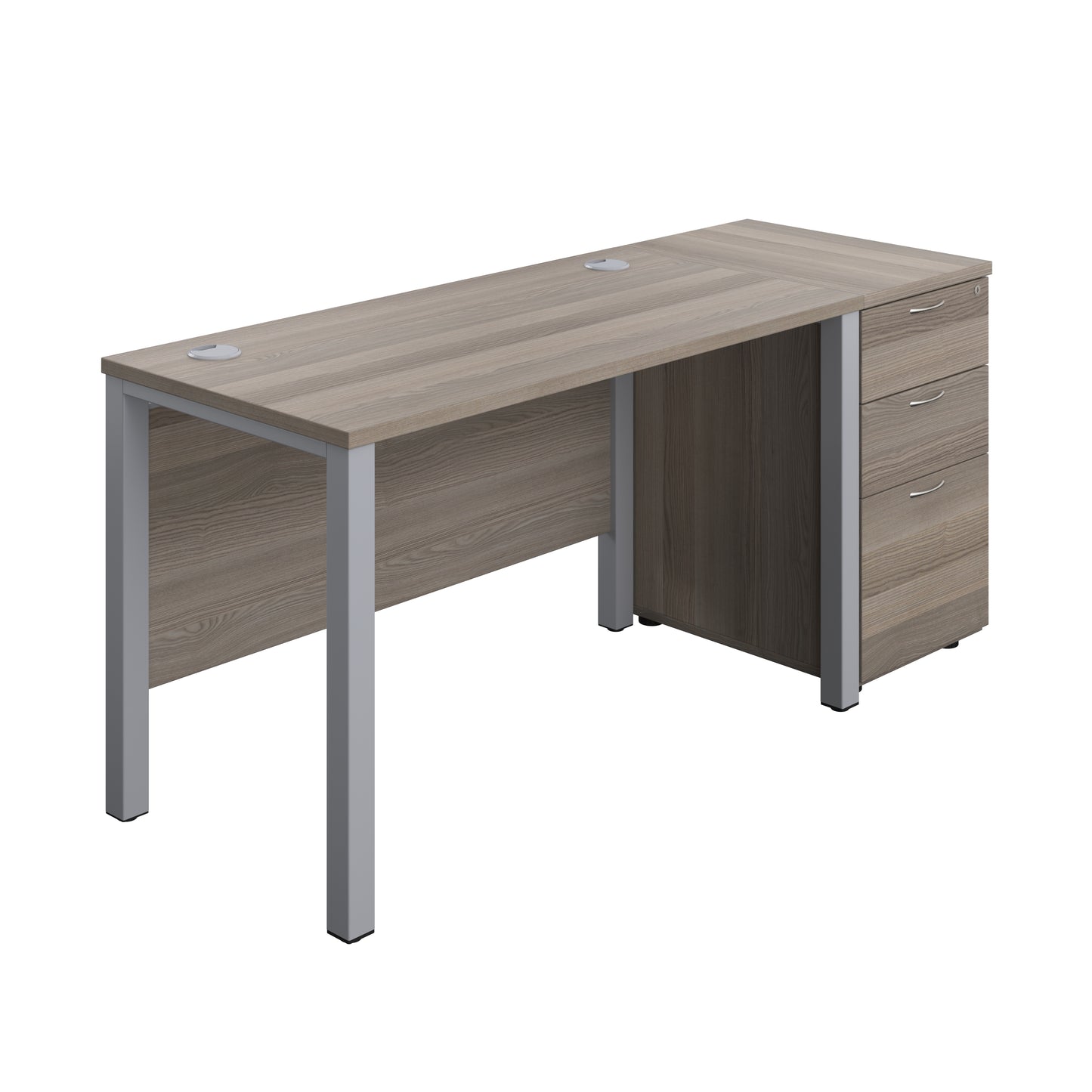 Aztec|Goal Post Leg|Rectangular Desk with 3 Drawer Desk High Pedestal|1200x600|Grey Oak-Silver