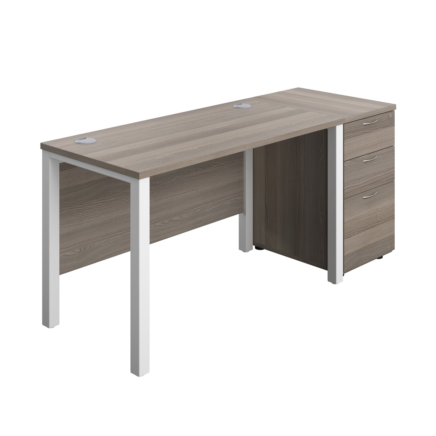 Aztec|Goal Post Leg|Rectangular Desk with 3 Drawer Desk High Pedestal|1200x600|Grey Oak-White