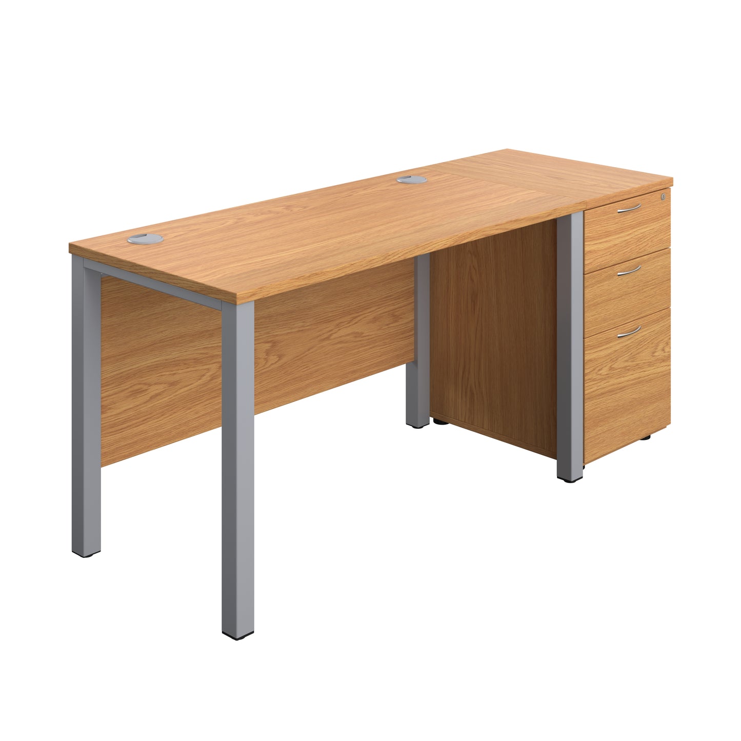 Aztec|Goal Post Leg|Rectangular Desk with 3 Drawer Desk High Pedestal|1200x600|Nova Oak-Silver