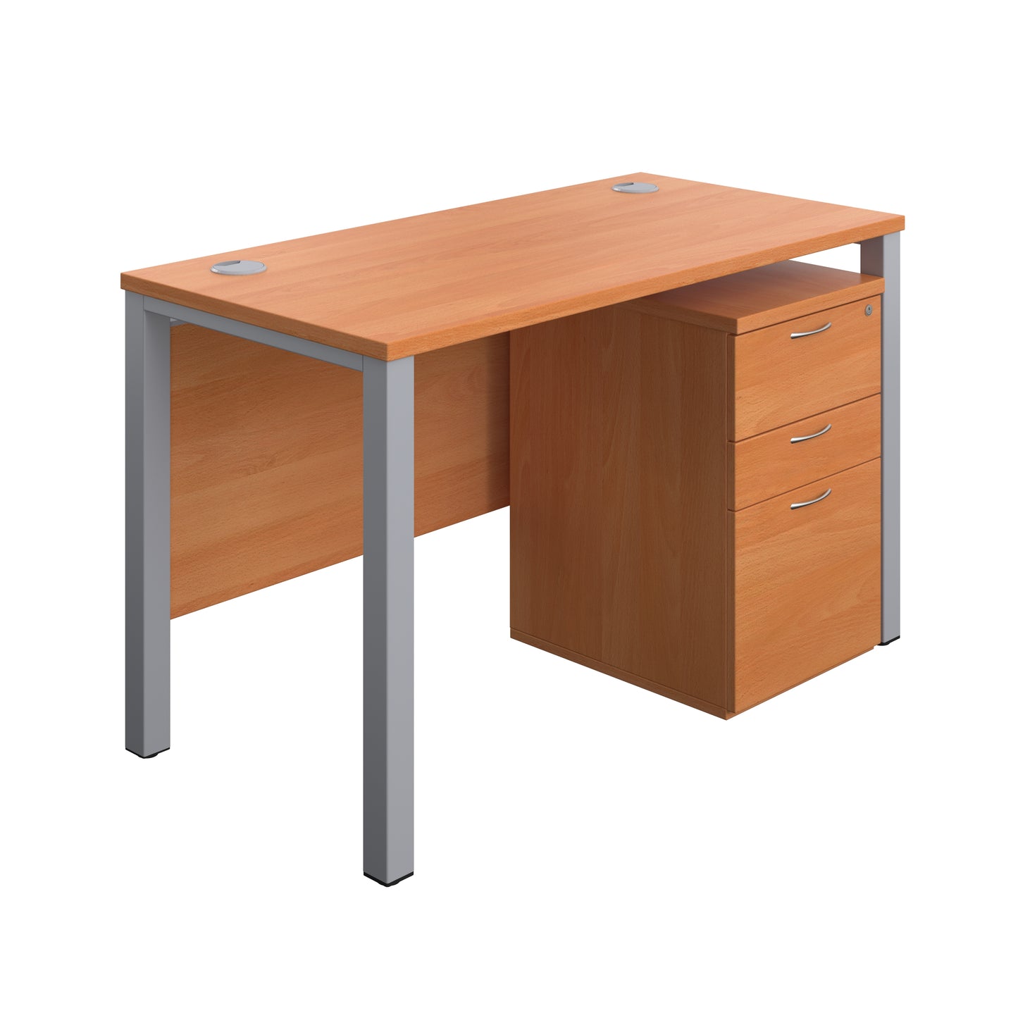 Aztec|Goal Post Leg|Rectangular Desk with 3 Drawer High Mobile Pedestal|1200x600|Beech-Silver