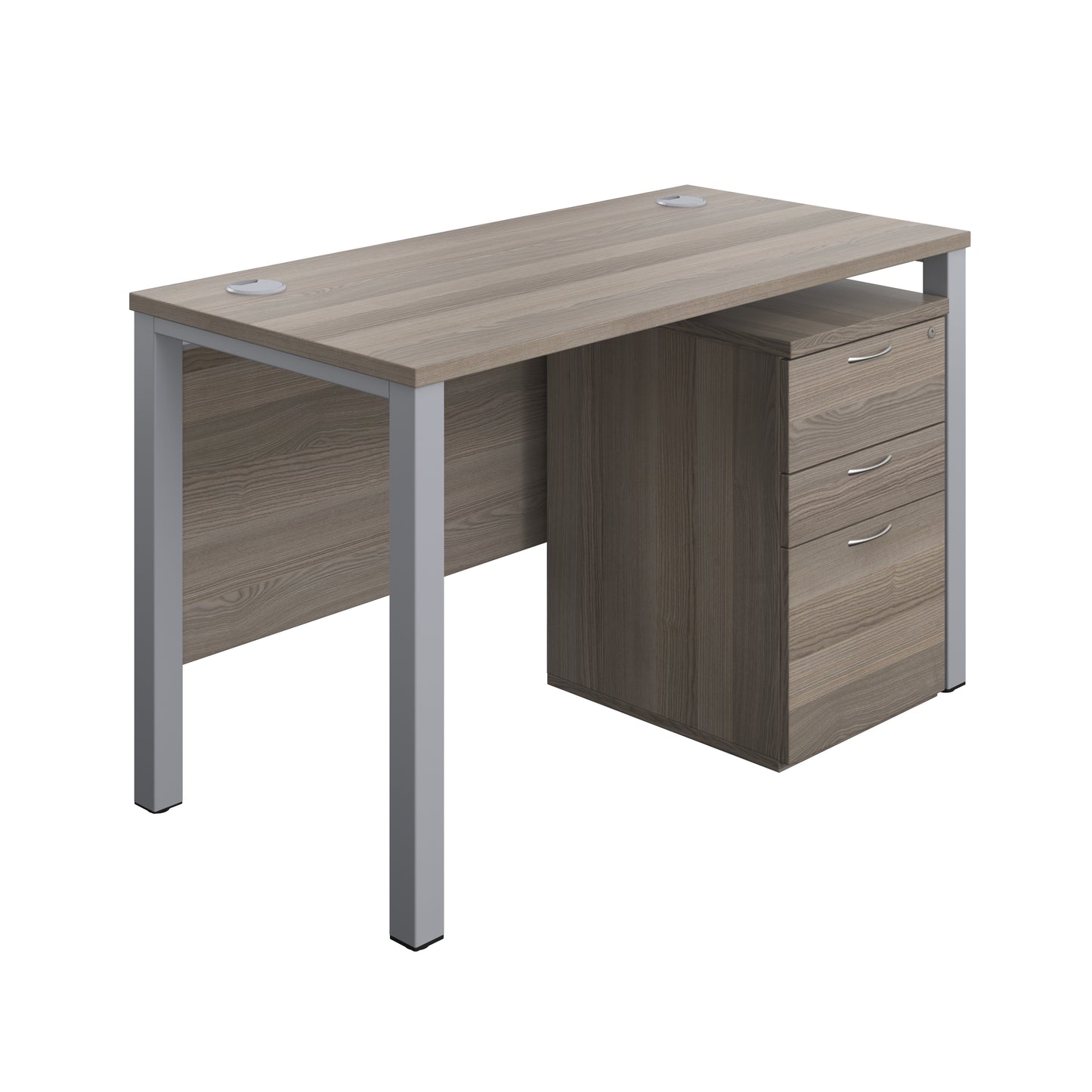 Aztec|Goal Post Leg|Rectangular Desk with 3 Drawer High Mobile Pedestal|1200x600|Grey Oak-Silver