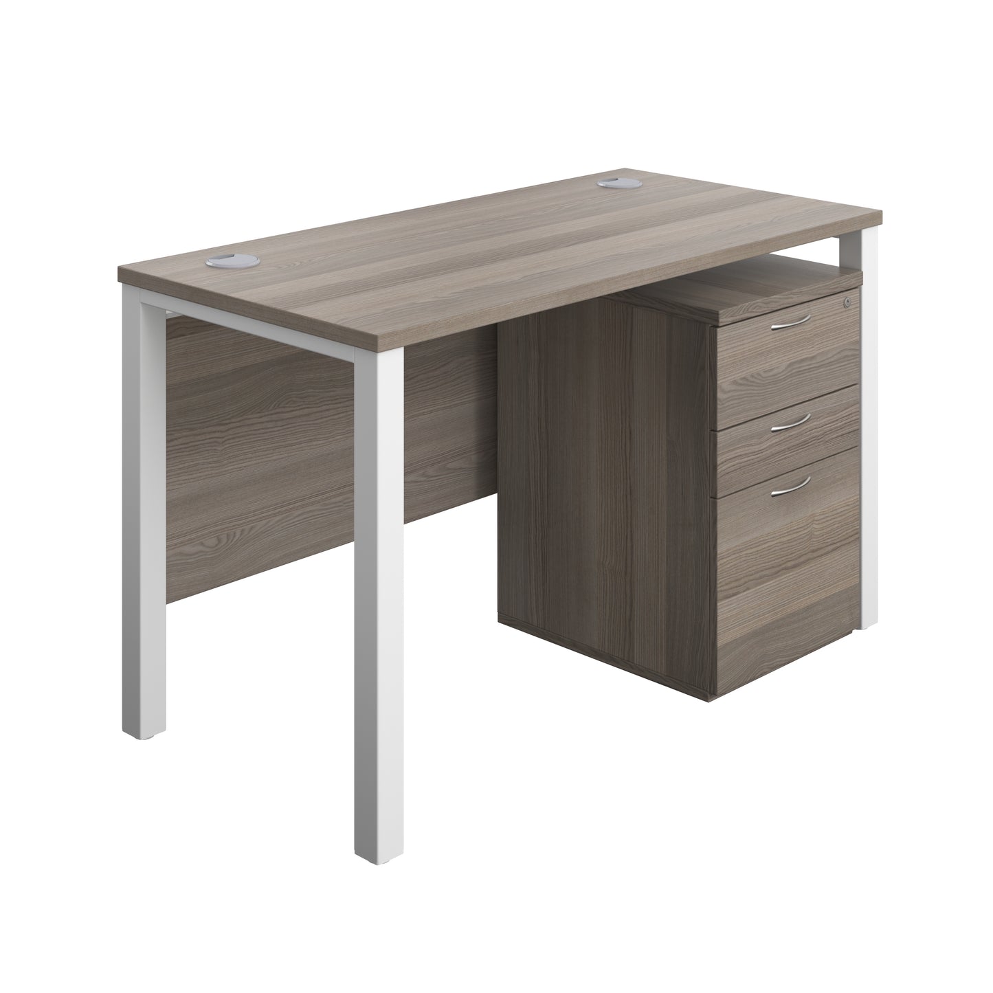 Aztec|Goal Post Leg|Rectangular Desk with 3 Drawer High Mobile Pedestal|1200x600|Grey Oak-White