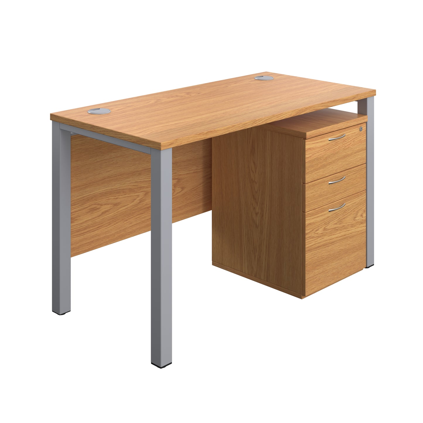Aztec|Goal Post Leg|Rectangular Desk with 3 Drawer High Mobile Pedestal|1200x600|Nova Oak-Silver