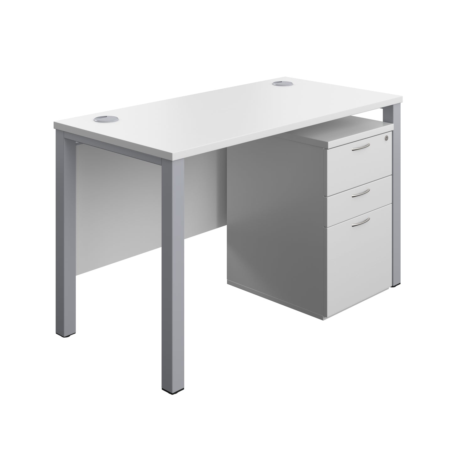 Aztec|Goal Post Leg|Rectangular Desk with 3 Drawer High Mobile Pedestal|1200x600|White-Silver