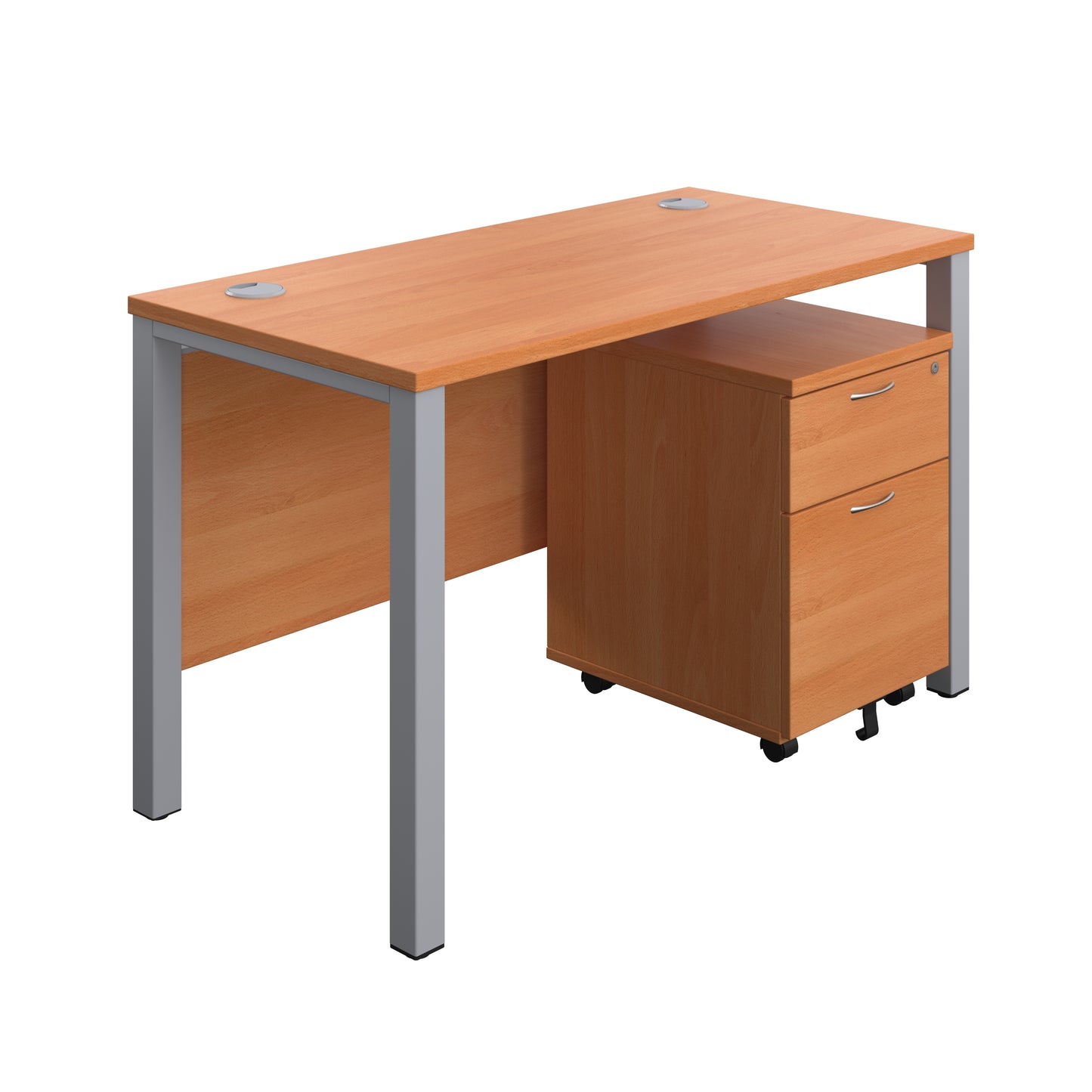 Aztec|Goal Post Leg|Rectangular Desk with 2 Drawer Mobile Pedestal|1200x600|Beech-Silver