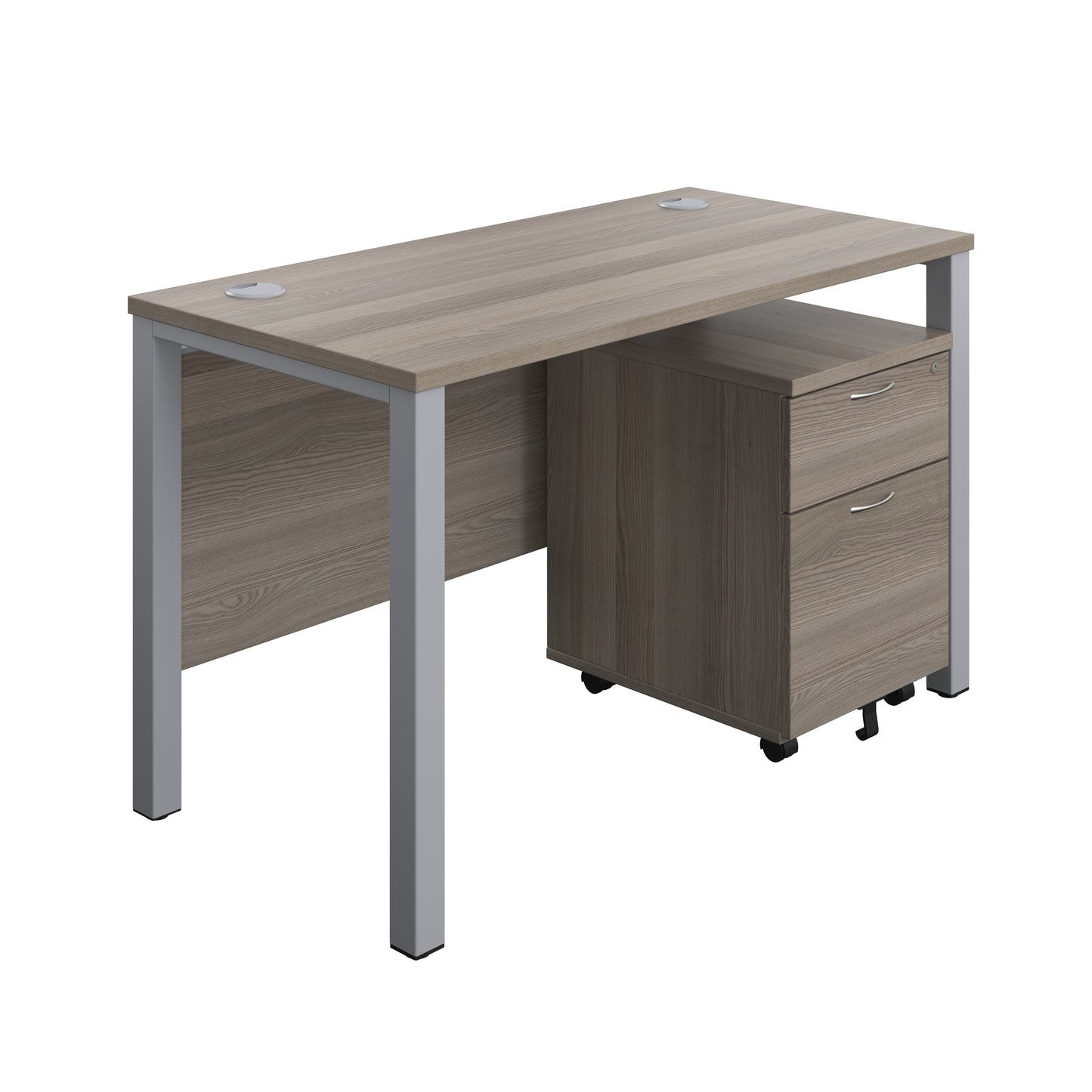 Aztec|Goal Post Leg|Rectangular Desk with 2 Drawer Mobile Pedestal|1200x600|Grey Oak-Silver