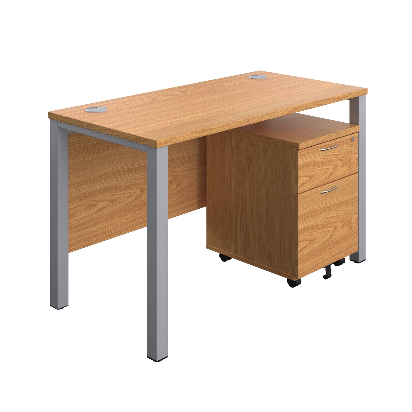 Aztec|Goal Post Leg|Rectangular Desk with 2 Drawer Mobile Pedestal|1200x600|Nova Oak-Silver