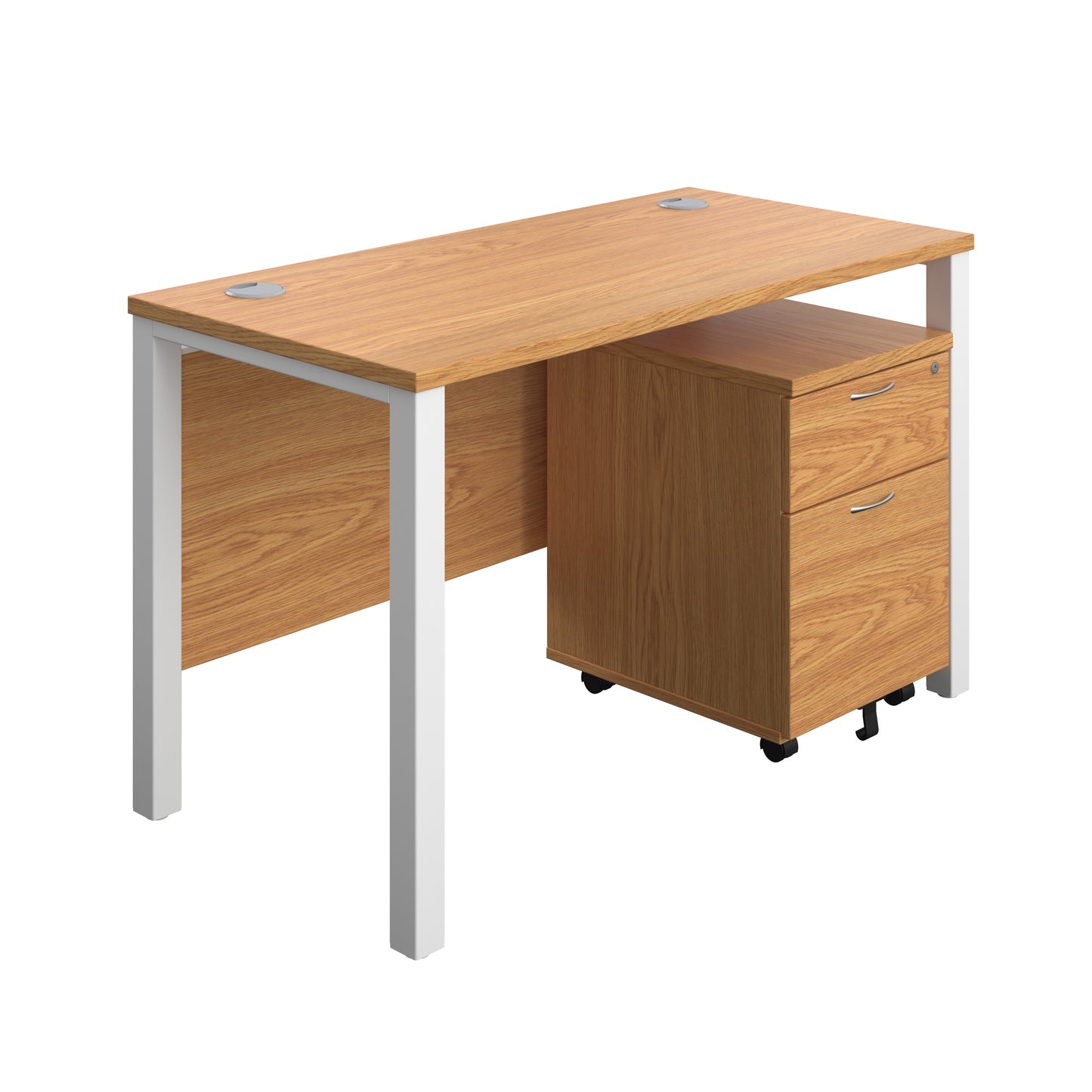 Aztec|Goal Post Leg|Rectangular Desk with 2 Drawer Mobile Pedestal|1200x600|Nova Oak-White