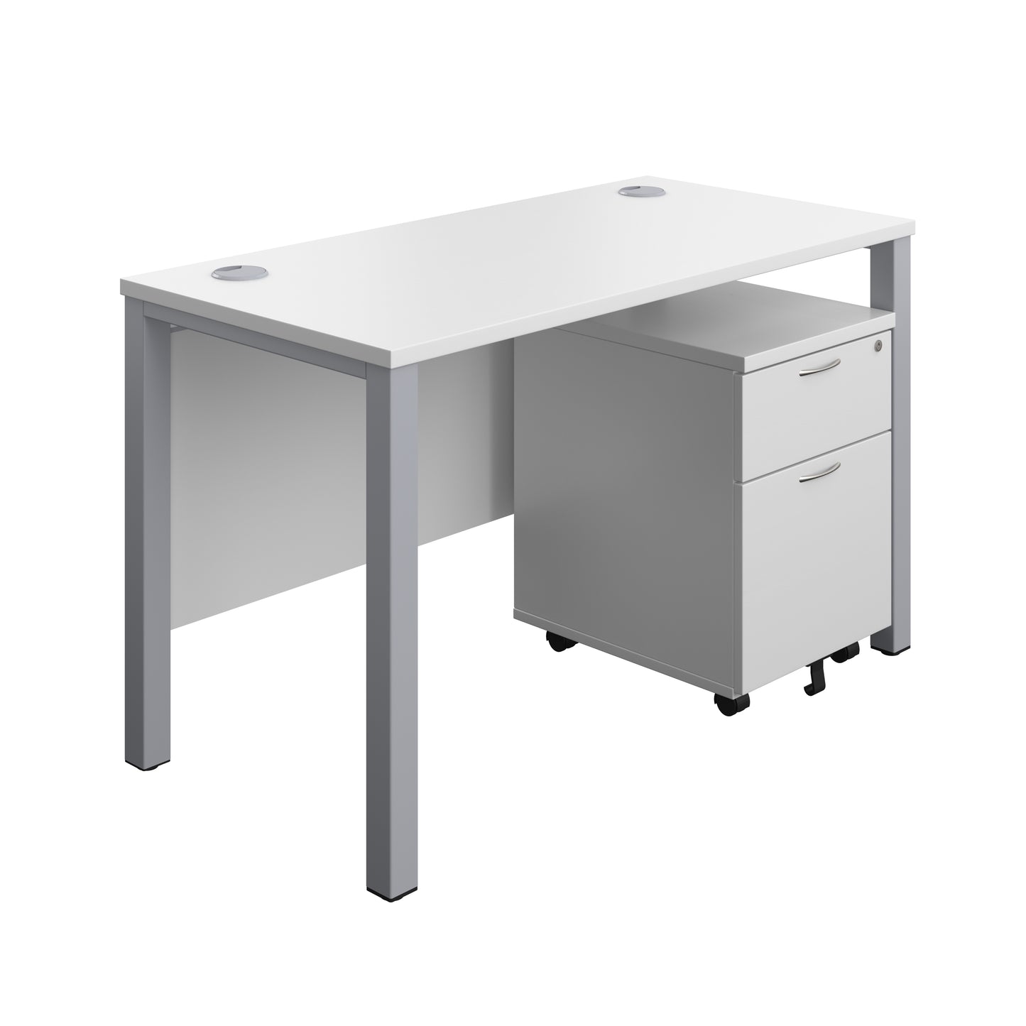 Aztec|Goal Post Leg|Rectangular Desk with 2 Drawer Mobile Pedestal|1200x600|White-Silver