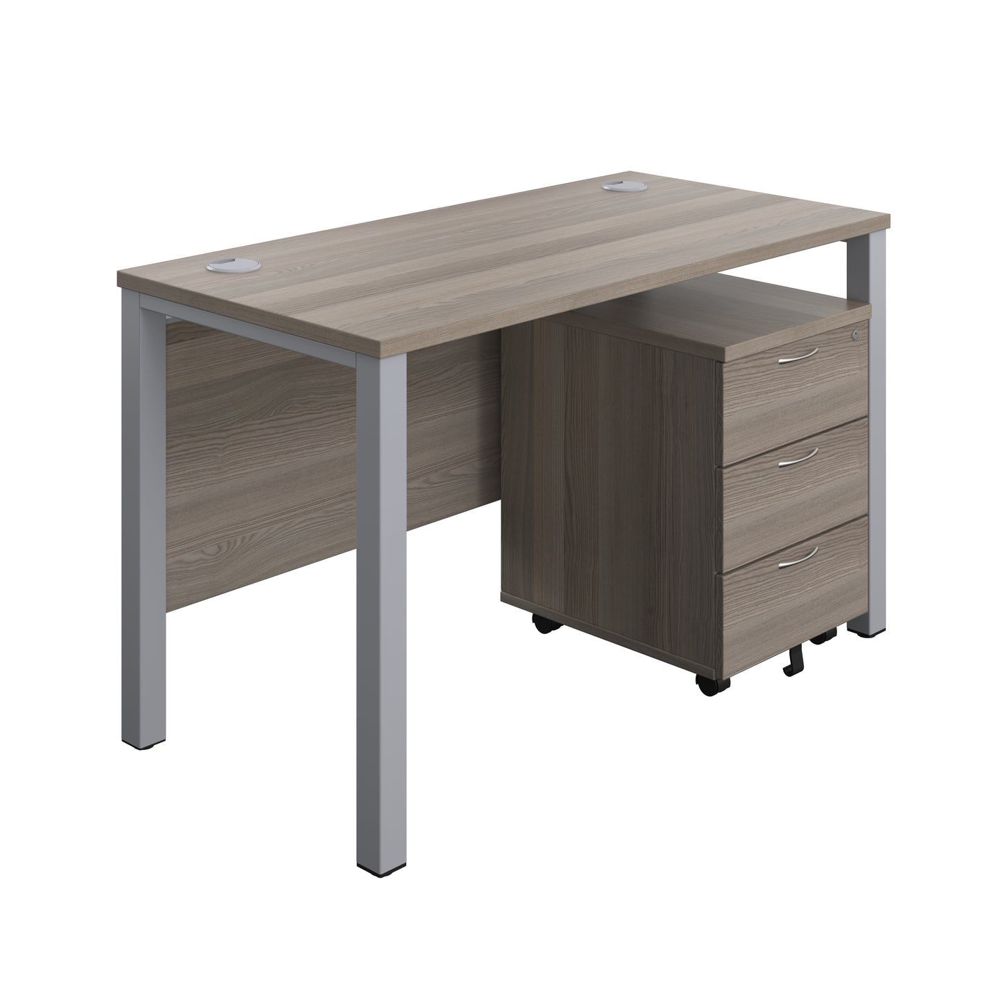 Aztec|Goal Post Leg|Rectangular Desk with 3 Drawer Mobile Pedestal|1200x600|Grey Oak-Silver